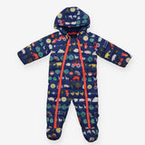 Pramsuit Blue Farm Print with Orange Zip