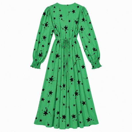 Midi Dress Green Viscose Star Print V Neck Long