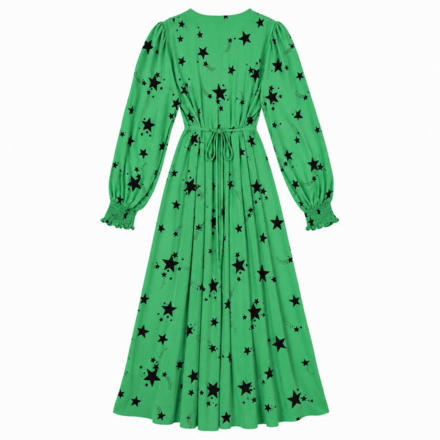 Midi Dress Green Viscose Star Print V Neck Long