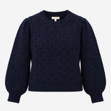 Navy Cable Knit Crew Neck Alpaca Blend Puff Sleeve