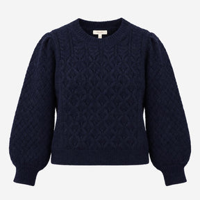 Navy Cable Knit Crew Neck Alpaca Blend Puff Sleeve