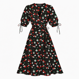 Black Floral Silk Blend Wrap Midi Dress