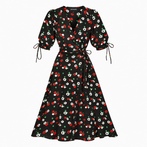 Black Floral Silk Blend Wrap Midi Dress