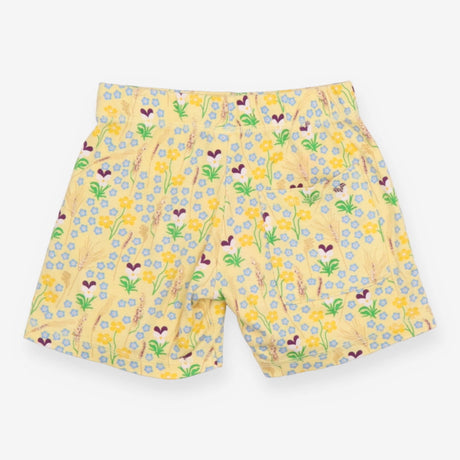 Shorts jersey yellow pansies blue flowers