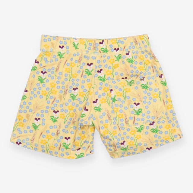 Shorts jersey yellow pansies blue flowers