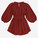 Burgundy Smocked V-Neck Balloon Sleeve dress