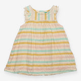 Dress sleeveless stripes frill shoulders hem