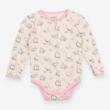 Bodysuit LS pink edging cream cats flowers