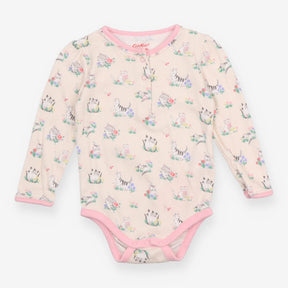 Bodysuit LS pink edging cream cats flowers