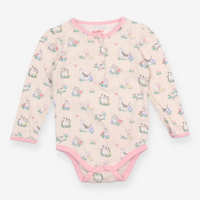 Bodysuit LS pink edging cream cats flowers