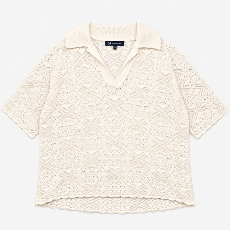 Top Cream Pointelle Crochet Open V Neck