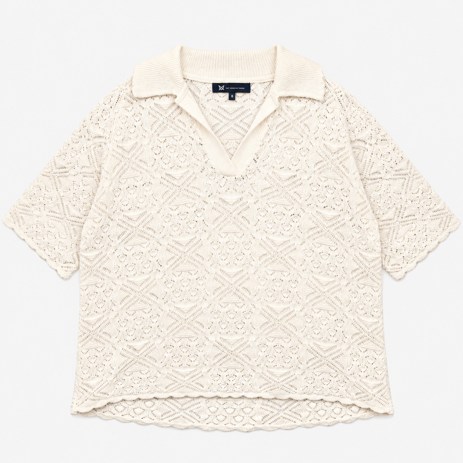 Top Cream Pointelle Crochet Open V Neck