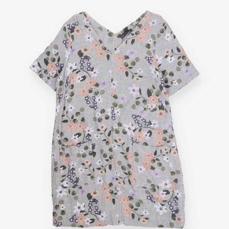 Midi Dress Grey Peach Floral Relaxed Short Sleeve
