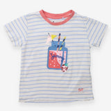 Blue Striped T-shirt Fruity Drink Applique 