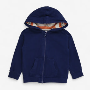 Zipped hoodie navy with orange stripe hood 