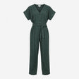 Jumpsuit Dark Green Pure Linen Belted Short Sleeve