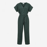 Jumpsuit Dark Green Pure Linen Belted Short Sleeve