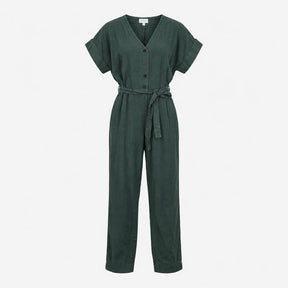 Jumpsuit Dark Green Pure Linen Belted Short Sleeve