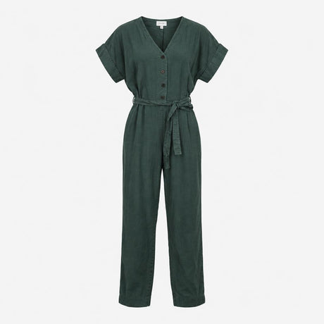 Jumpsuit Dark Green Pure Linen Belted Short Sleeve