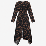 Black Tan Abstract Print Long Sleeve Wrap Midi Dre