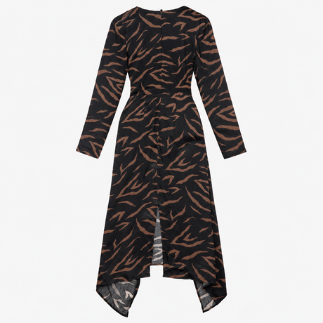 Black Tan Abstract Print Long Sleeve Wrap Midi Dre