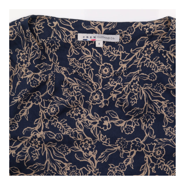 Navy Tan Floral Print Lined Cotton Dress