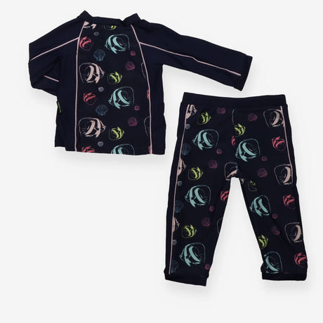 2 piece swim suit long sleeve navy fish and shells