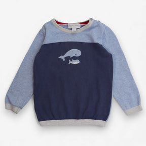 Two tone blue knit jumper with mum and baby whale