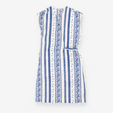 White and blue embroidered tie waist midi dress