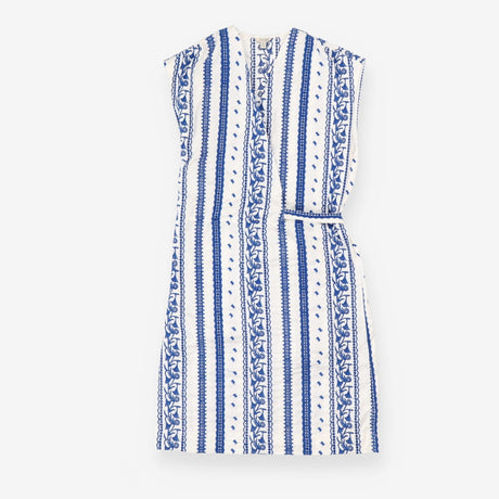 White and blue embroidered tie waist midi dress
