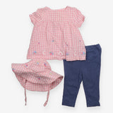 Outfit 3pc pink gingham smock top and hat blue leg
