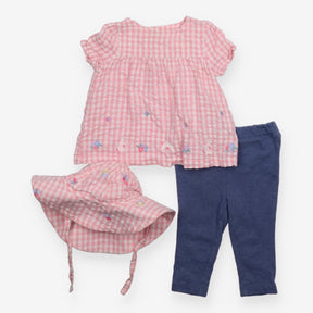 Outfit 3pc pink gingham smock top and hat blue leg