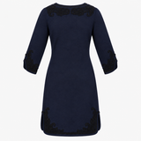Dress Navy Merino Wool Embroidered Three Quarter S