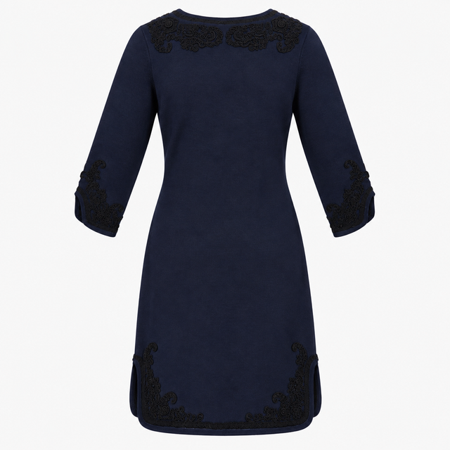 Dress Navy Merino Wool Embroidered Three Quarter S