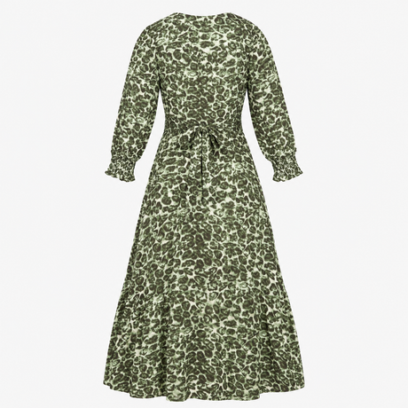 Leopard Print Midi Dress Green Shirred Waist