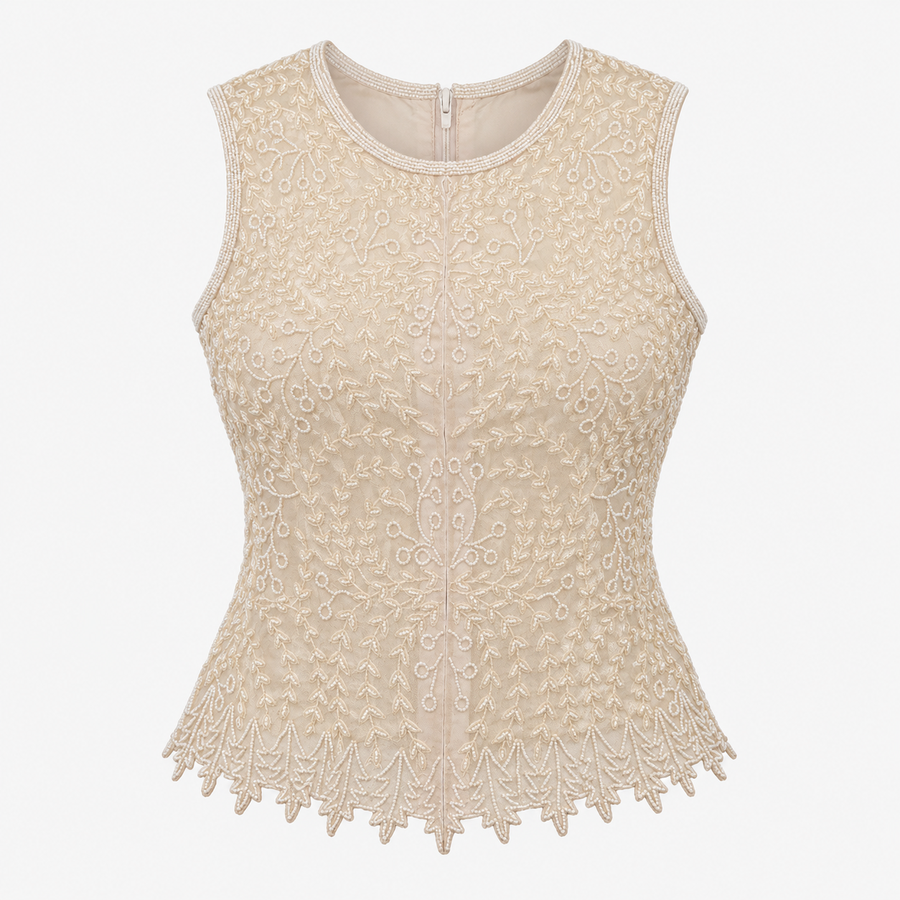 Ivory Floral Beaded Sleeveless Occasion Top