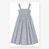Dress Shirred Bodice Lemon Print Straps Blue Yello