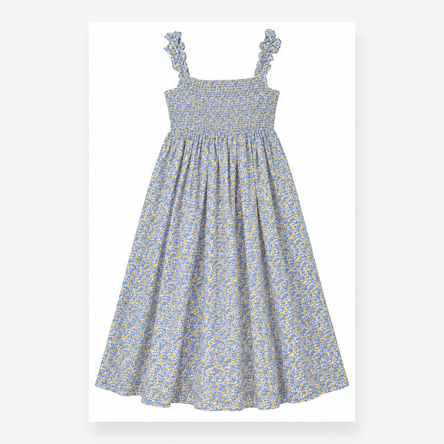 Dress Shirred Bodice Lemon Print Straps Blue Yello