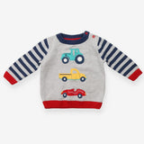 Sweater knit grey stripe sleeves vehicles