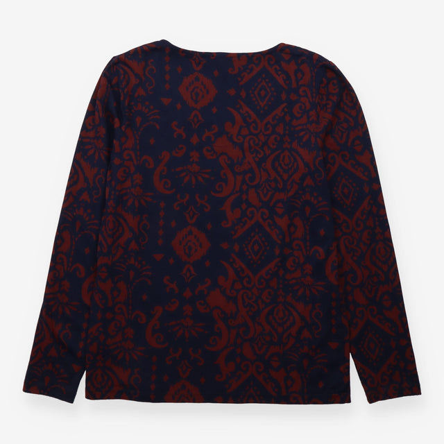 Long Sleeve Top Navy Rust Ikat Print