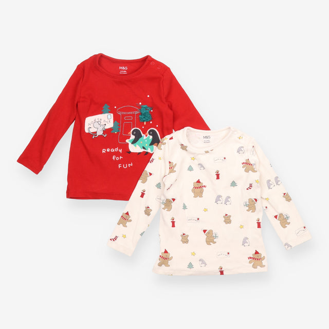Tee ribbed 2pc red festive post cream animals