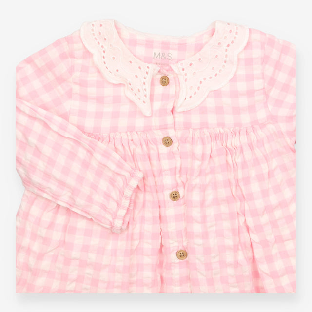 Dress Pink and White Check White Collar