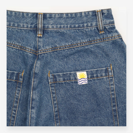 Jeans Mid Blue Pleated Wide Leg Cotton Denim