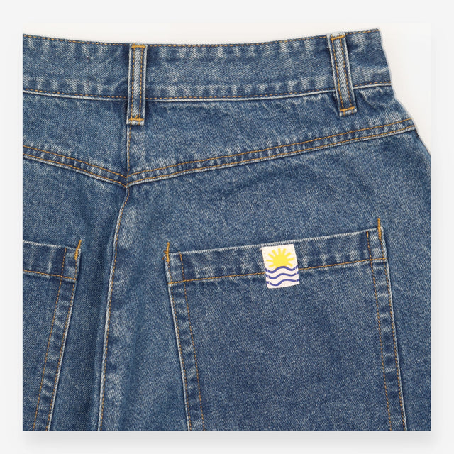 Jeans Mid Blue Pleated Wide Leg Cotton Denim