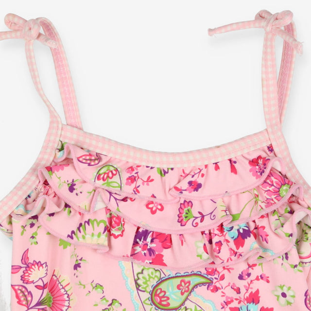 Swimsuit pink flowers frill neck and bottom