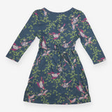 Dress Blue Bird and Leaf Print Long Sleeve Midi V-