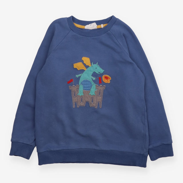 Blue sweater with dragon and castle