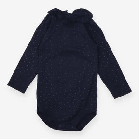 Bodysuit navy long sleeve hearts ruffle neck