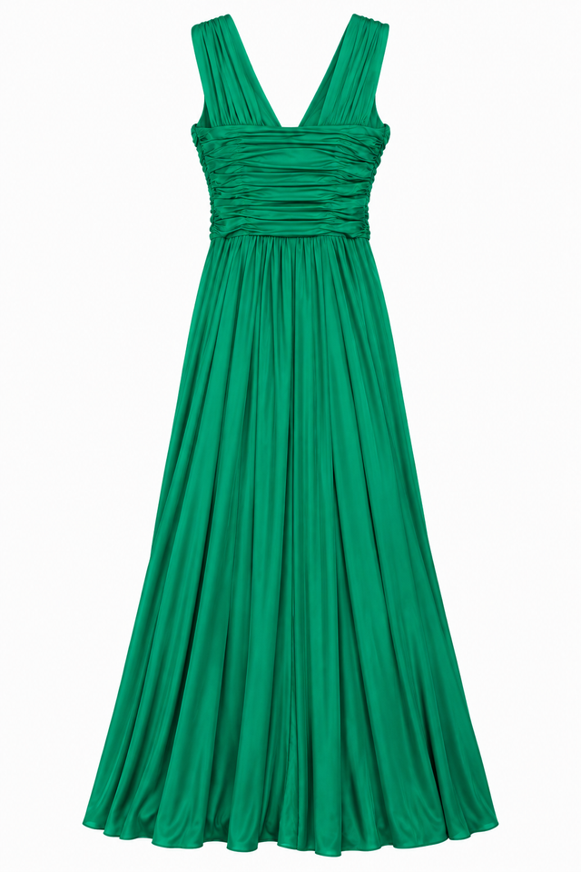 Emerald Green Ruched V-Neck Maxi Dress