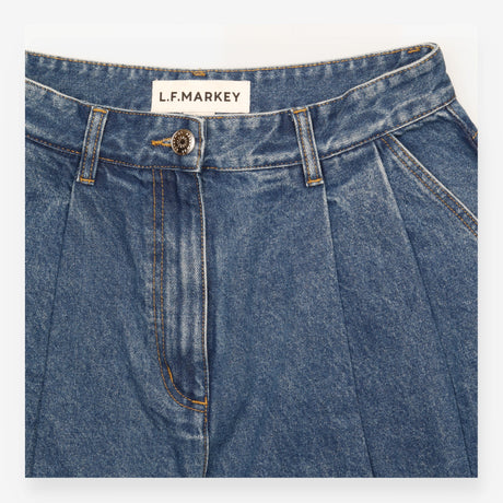 Jeans Mid Blue Pleated Wide Leg Cotton Denim
